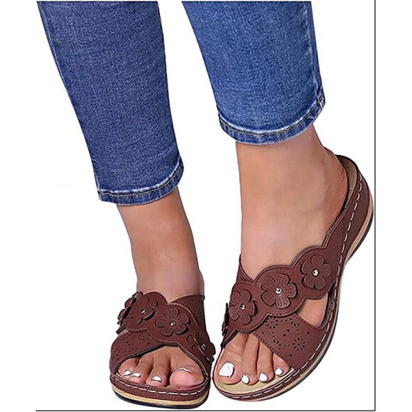 Floral Casual Wedge Sandals In Brown - Picture 1 of 5